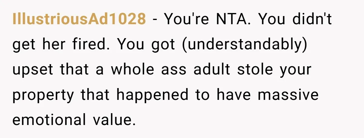 IllustriousAd1028 − You're NTA. You didn't get her fired. You got (understandably) upset that a whole ass adult stole your property that happened to have massive emotional value.