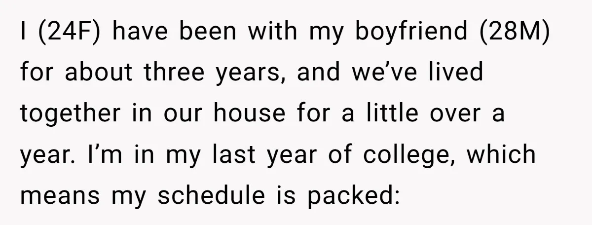 I (24F) have been with my boyfriend (28M) for about three years, and we’ve lived together in our house for a little over a year. I’m in my last year...