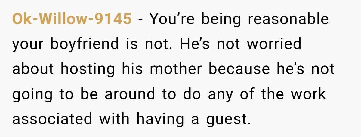 Ok-Willow-9145 − You’re being reasonable your boyfriend is not. He’s not worried about hosting his mother because he’s not going to be around to do any of the work associated...