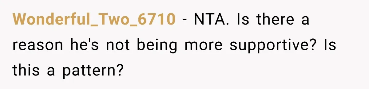 Wonderful_Two_6710 − NTA. Is there a reason he's not being more supportive? Is this a pattern?