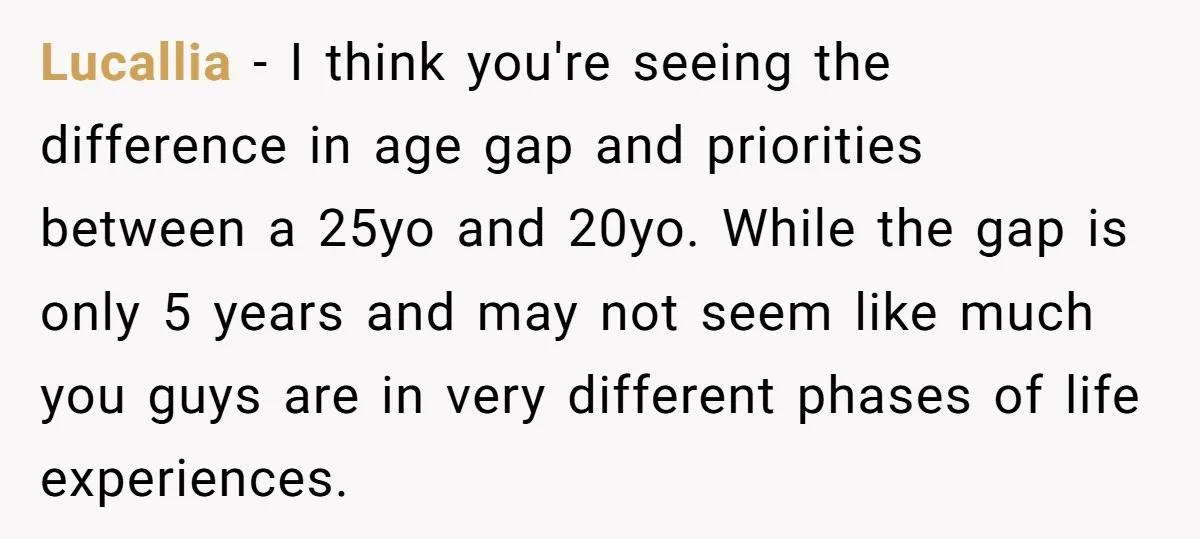 Lucallia − I think you're seeing the difference in age gap and priorities between a 25yo and 20yo. While the gap is only 5 years and may not seem like...