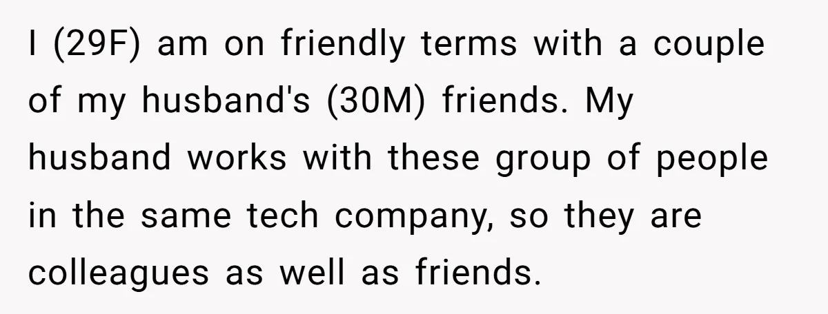 I (29F) am on friendly terms with a couple of my husband's (30M) friends. My husband works with these group of people in the same tech company, so they are...