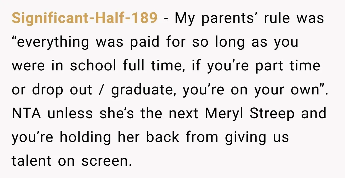 Significant-Half-189 − My parents’ rule was “everything was paid for so long as you were in school full time, if you’re part time or drop out / graduate, you’re on...