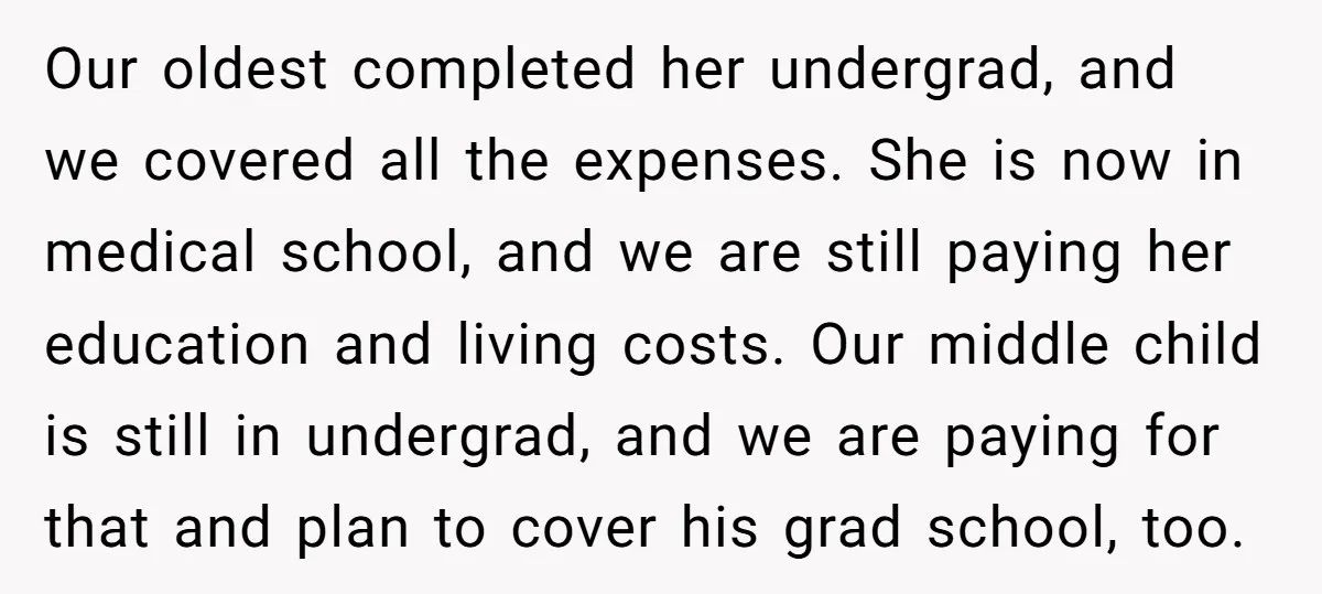 Our oldest completed her undergrad, and we covered all the expenses. She is now in medical school, and we are still paying her education and living costs. Our middle child...