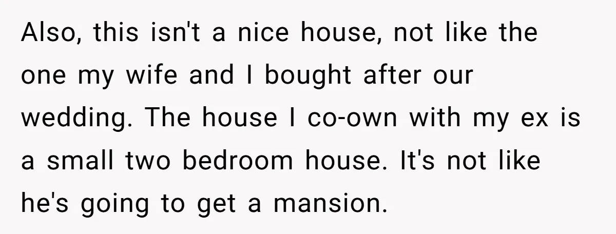 Also, this isn't a nice house, not like the one my wife and I bought after our wedding. The house I co-own with my ex is a small two bedroom...