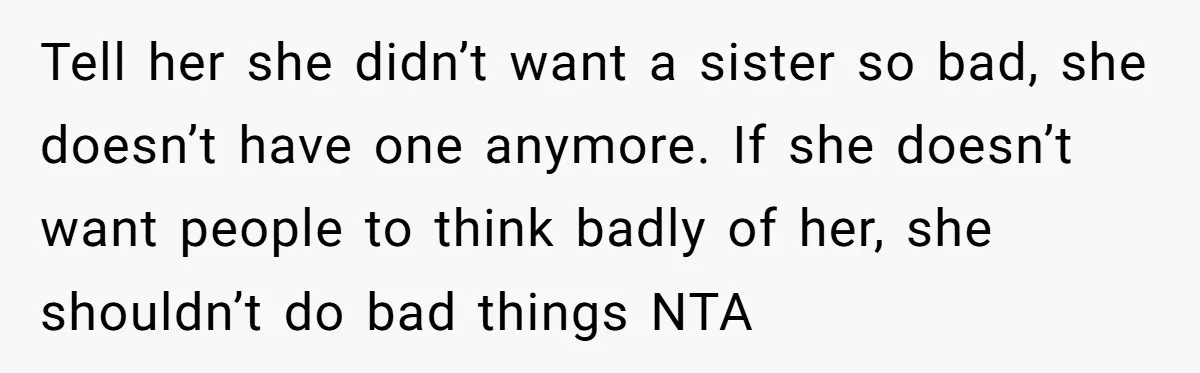 Tell her she didn’t want a sister so bad, she doesn’t have one anymore. If she doesn’t want people to think badly of her, she shouldn’t do bad things NTA