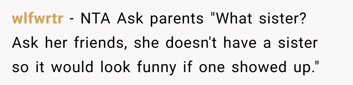 wlfwrtr − NTA Ask parents "What sister? Ask her friends, she doesn't have a sister so it would look funny if one showed up."