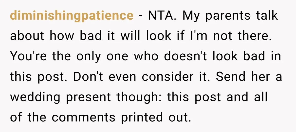 diminishingpatience − NTA. My parents talk about how bad it will look if I'm not there. You're the only one who doesn't look bad in this post. Don't even consider...