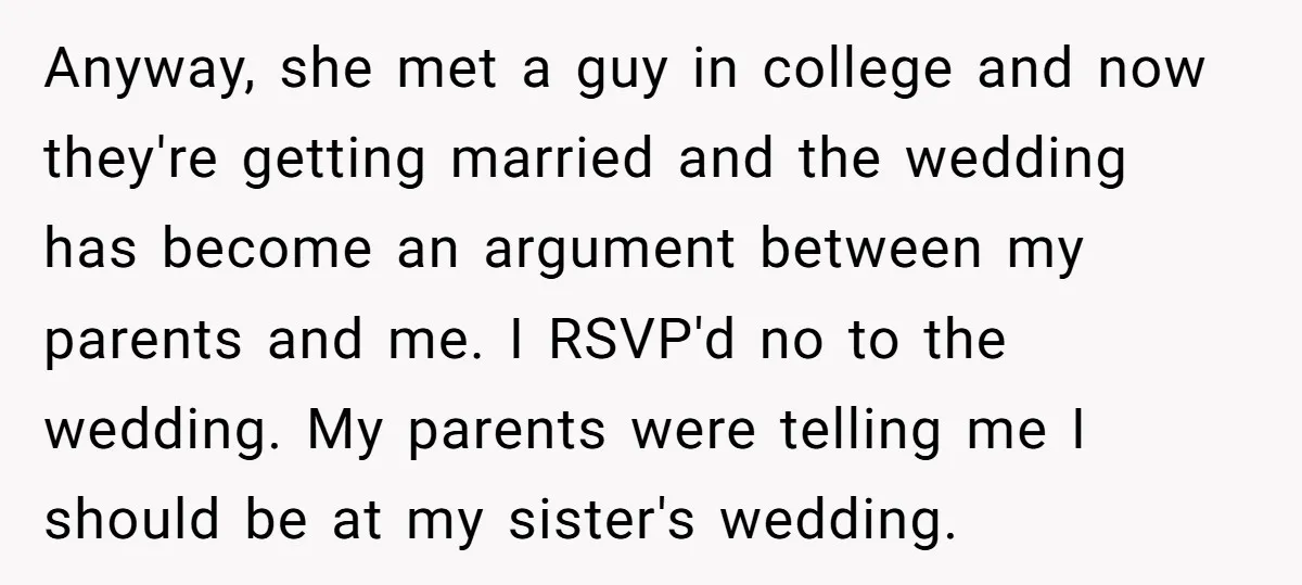 Anyway, she met a guy in college and now they're getting married and the wedding has become an argument between my parents and me. I RSVP'd no to the wedding....