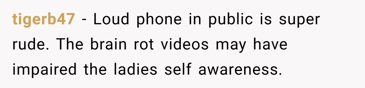 tigerb47 − Loud phone in public is super rude. The brain rot videos may have impaired the ladies self awareness.