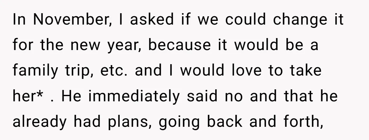 In November, I asked if we could change it for the new year, because it would be a family trip, etc. and I would love to take her* . He...