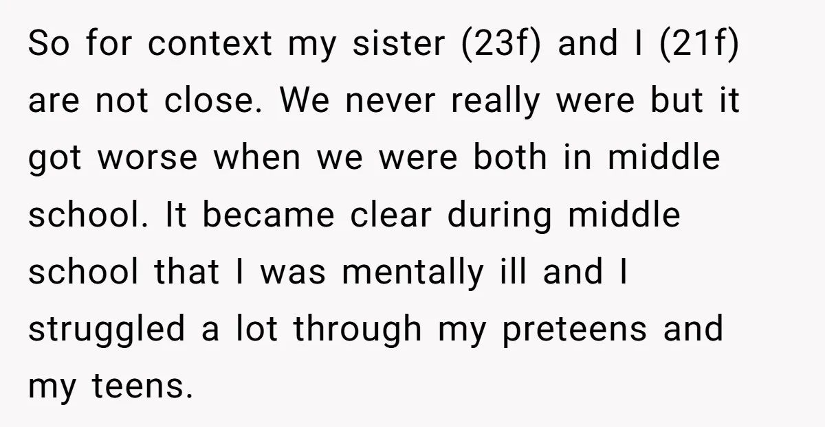 So for context my sister (23f) and I (21f) are not close. We never really were but it got worse when we were both in middle school. It became clear...