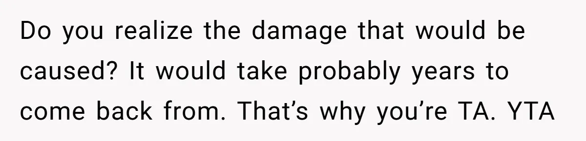 Do you realize the damage that would be caused? It would take probably years to come back from. That’s why you’re TA. YTA