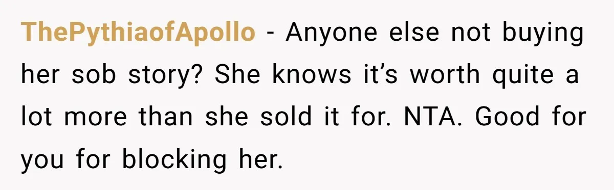 ThePythiaofApollo − Anyone else not buying her sob story? She knows it’s worth quite a lot more than she sold it for. NTA. Good for you for blocking her.