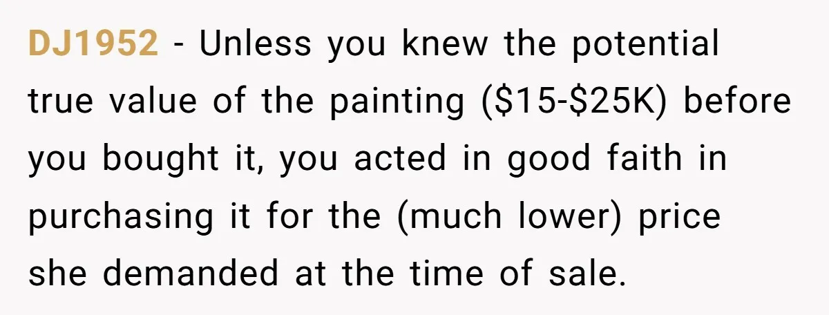 DJ1952 − Unless you knew the potential true value of the painting ($15-$25K) before you bought it, you acted in good faith in purchasing it for the (much lower) price...