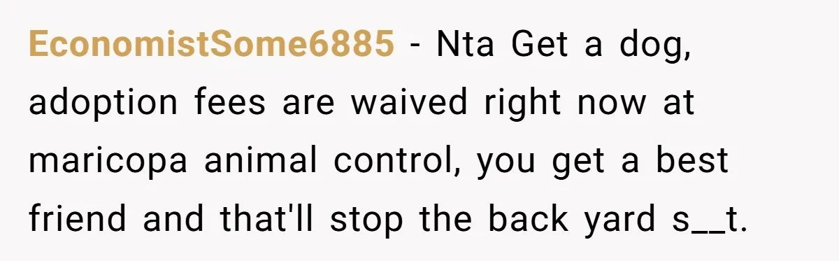 EconomistSome6885 − Nta Get a dog, adoption fees are waived right now at maricopa animal control, you get a best friend and that'll stop the back yard s__t.