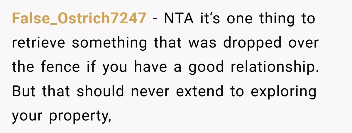 False_Ostrich7247 − NTA it’s one thing to retrieve something that was dropped over the fence if you have a good relationship. But that should never extend to exploring your property,