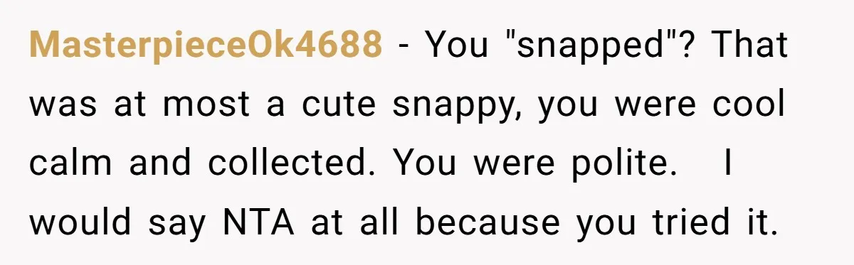 MasterpieceOk4688 − You "snapped"? That was at most a cute snappy, you were cool calm and collected. You were polite.   I would say NTA at all because you tried it.