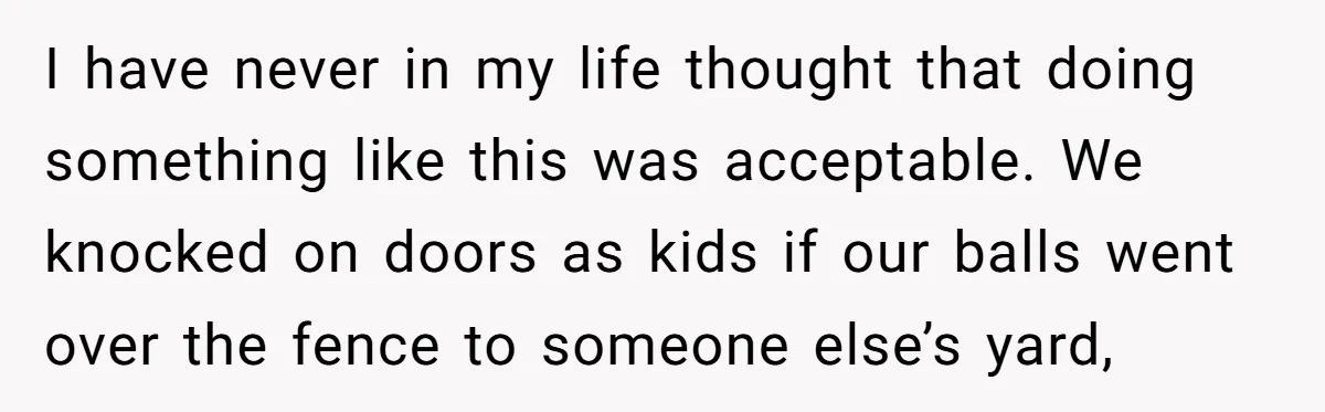 I have never in my life thought that doing something like this was acceptable. We knocked on doors as kids if our balls went over the fence to someone else’s...