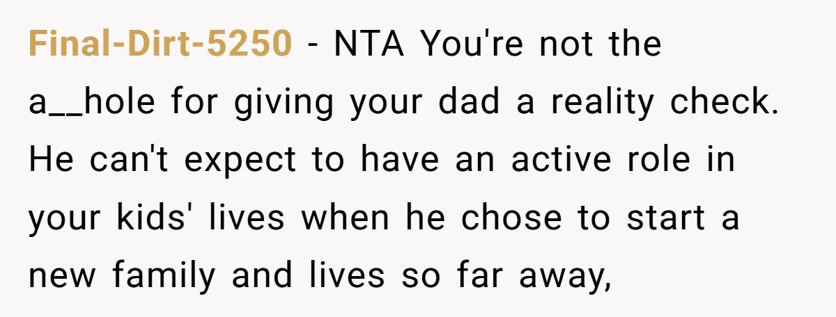 Final-Dirt-5250 − NTA You're not the a__hole for giving your dad a reality check. He can't expect to have an active role in your kids' lives when he chose to...