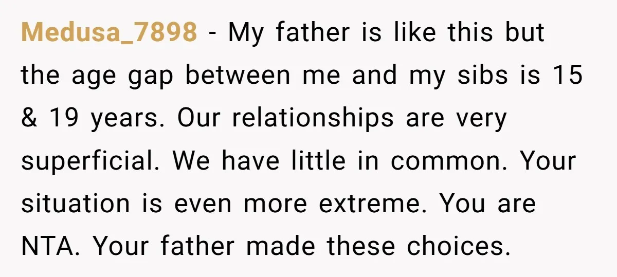 Medusa_7898 − My father is like this but the age gap between me and my sibs is 15 & 19 years. Our relationships are very superficial. We have little in...