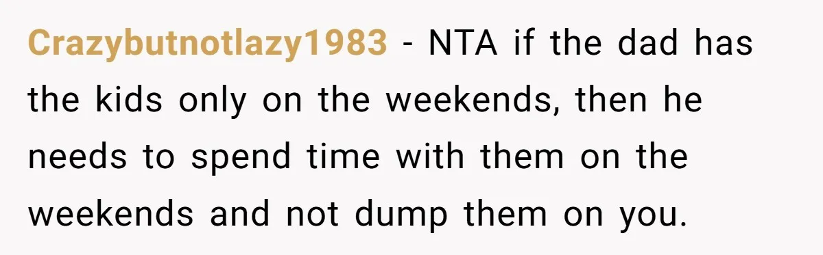 Crazybutnotlazy1983 − NTA if the dad has the kids only on the weekends, then he needs to spend time with them on the weekends and not dump them on you.