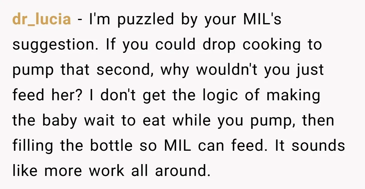 dr_lucia − I'm puzzled by your MIL's suggestion. If you could drop cooking to pump that second, why wouldn't you just feed her? I don't get the logic of making...