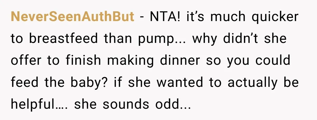 NeverSeenAuthBut − NTA! it’s much quicker to breastfeed than pump... why didn’t she offer to finish making dinner so you could feed the baby? if she wanted to actually be...