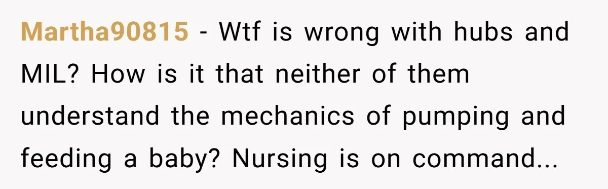 Martha90815 − Wtf is wrong with hubs and MIL? How is it that neither of them understand the mechanics of pumping and feeding a baby? Nursing is on command...