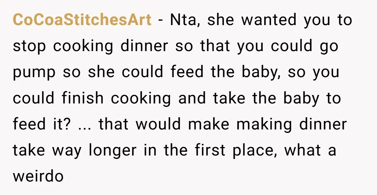 CoCoaStitchesArt − Nta, she wanted you to stop cooking dinner so that you could go pump so she could feed the baby, so you could finish cooking and take the...