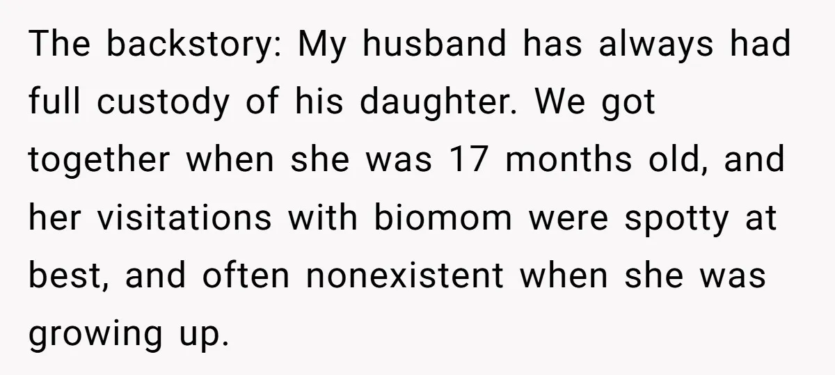 The backstory: My husband has always had full custody of his daughter. We got together when she was 17 months old, and her visitations with biomom were spotty at best,...