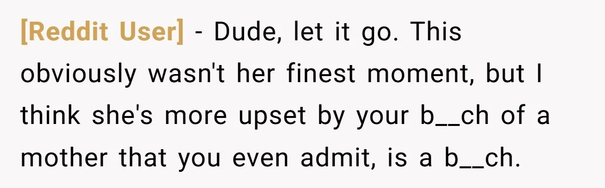 [Reddit User] − Dude, let it go. This obviously wasn't her finest moment, but I think she's more upset by your b__ch of a mother that you even admit, is...