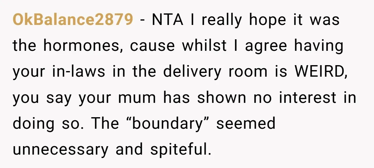 OkBalance2879 − NTA I really hope it was the hormones, cause whilst I agree having your in-laws in the delivery room is WEIRD, you say your mum has shown no...