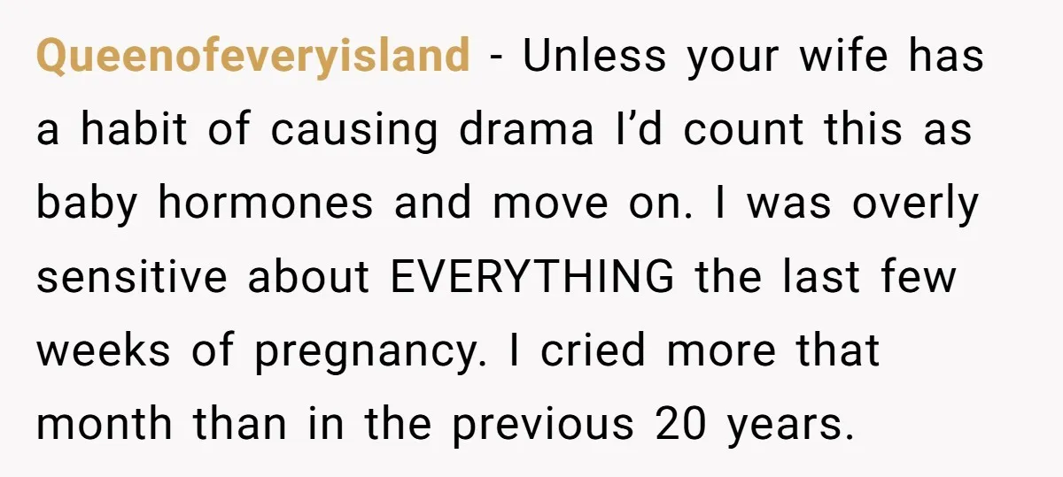 Queenofeveryisland − Unless your wife has a habit of causing drama I’d count this as baby hormones and move on. I was overly sensitive about EVERYTHING the last few weeks...