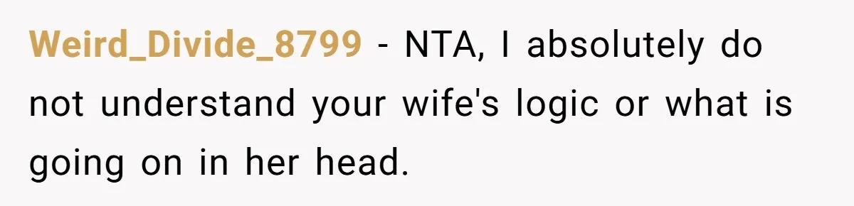 Weird_Divide_8799 − NTA, I absolutely do not understand your wife's logic or what is going on in her head.