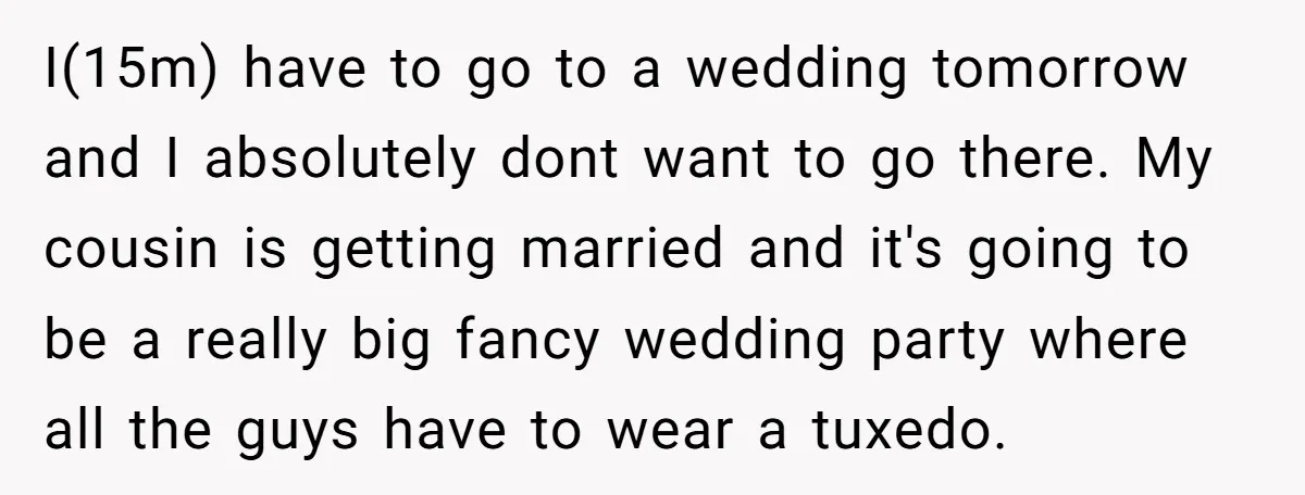 I(15m) have to go to a wedding tomorrow and I absolutely dont want to go there. My cousin is getting married and it's going to be a really big fancy...