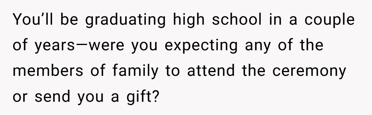 You’ll be graduating high school in a couple of years—were you expecting any of the members of family to attend the ceremony or send you a gift?