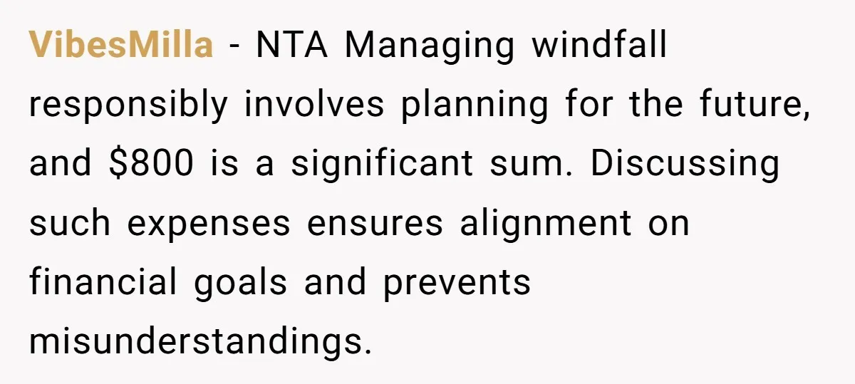 VibesMilla − NTA Managing windfall responsibly involves planning for the future, and $800 is a significant sum. Discussing such expenses ensures alignment on financial goals and prevents misunderstandings.