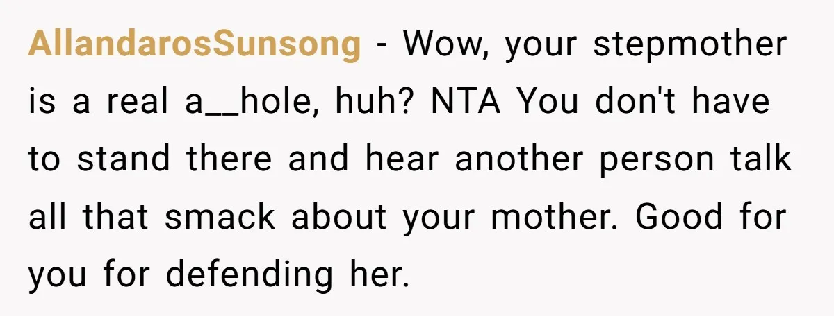 AllandarosSunsong − Wow, your stepmother is a real a__hole, huh? NTA You don't have to stand there and hear another person talk all that smack about your mother. Good for...
