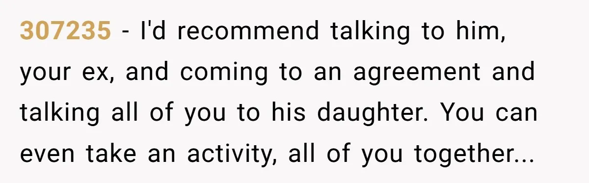 307235 − I'd recommend talking to him, your ex, and coming to an agreement and talking all of you to his daughter. You can even take an activity, all of...
