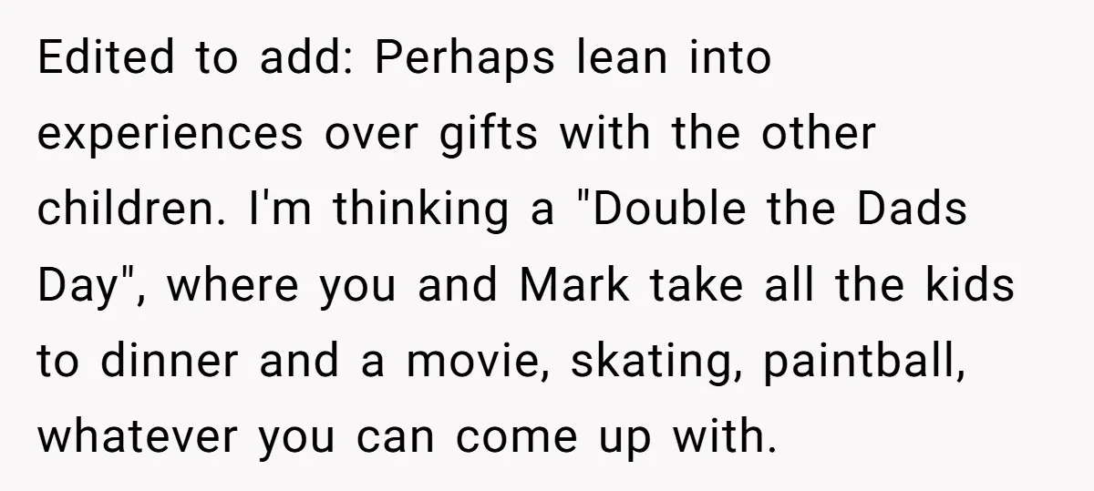 Edited to add: Perhaps lean into experiences over gifts with the other children. I'm thinking a "Double the Dads Day", where you and Mark take all the kids to dinner...
