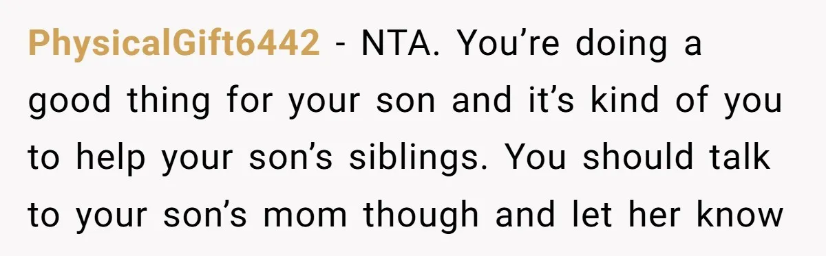 PhysicalGift6442 − NTA. You’re doing a good thing for your son and it’s kind of you to help your son’s siblings. You should talk to your son’s mom though and...