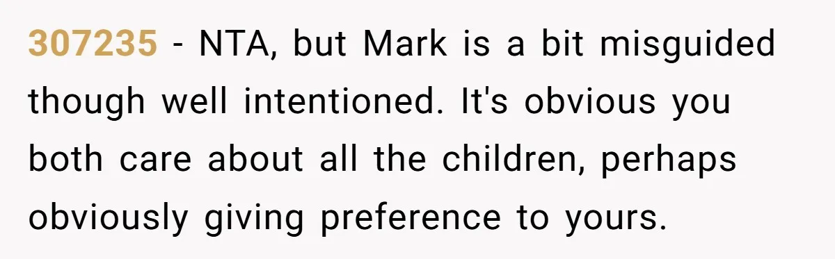 307235 − NTA, but Mark is a bit misguided though well intentioned. It's obvious you both care about all the children, perhaps obviously giving preference to yours.