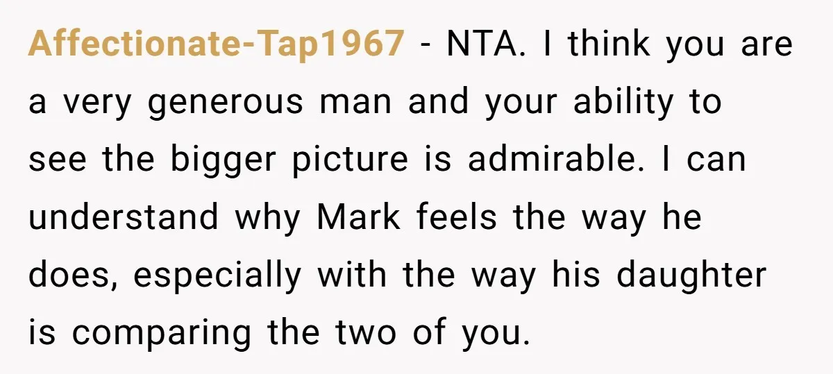Affectionate-Tap1967 − NTA. I think you are a very generous man and your ability to see the bigger picture is admirable. I can understand why Mark feels the way he...