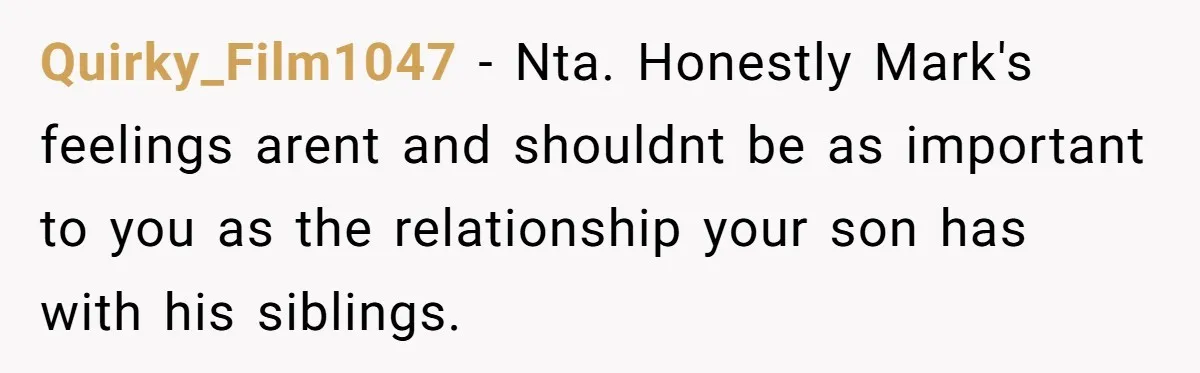 Quirky_Film1047 − Nta. Honestly Mark's feelings arent and shouldnt be as important to you as the relationship your son has with his siblings.