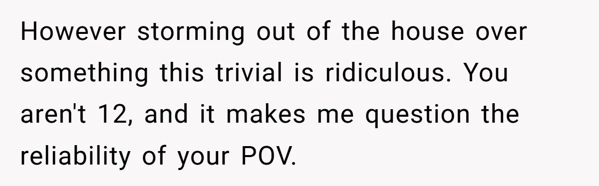 However storming out of the house over something this trivial is ridiculous. You aren't 12, and it makes me question the reliability of your POV.
