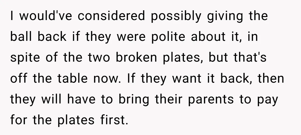 I would've considered possibly giving the ball back if they were polite about it, in spite of the two broken plates, but that's off the table now. If they want...