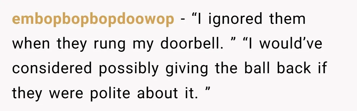 embopbopbopdoowop − “I ignored them when they rung my doorbell. ” “I would’ve considered possibly giving the ball back if they were polite about it. ”