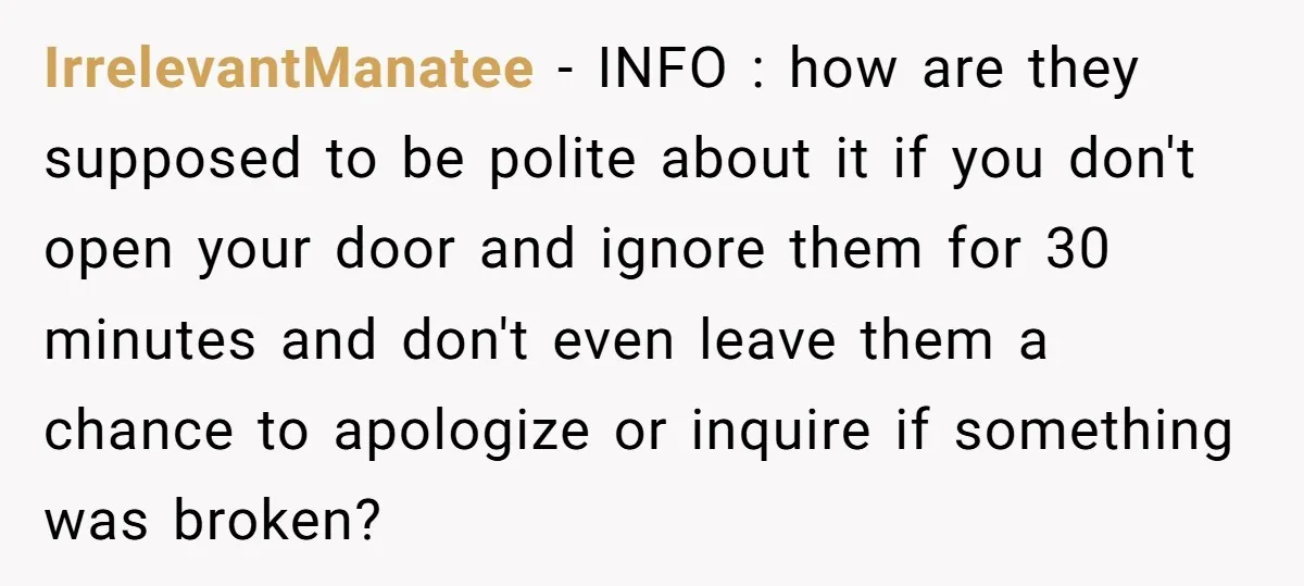 IrrelevantManatee − INFO : how are they supposed to be polite about it if you don't open your door and ignore them for 30 minutes and don't even leave them...