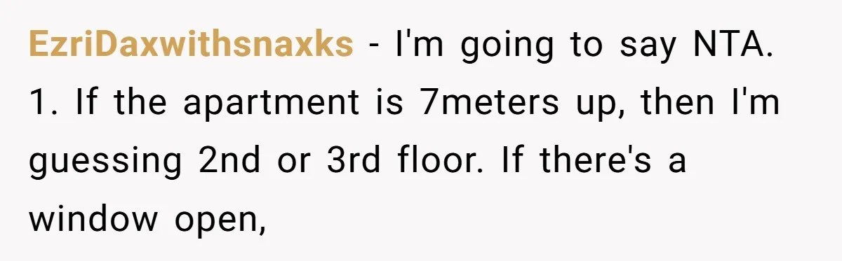 EzriDaxwithsnaxks − I'm going to say NTA.   1. If the apartment is 7meters up, then I'm guessing 2nd or 3rd floor. If there's a window open,